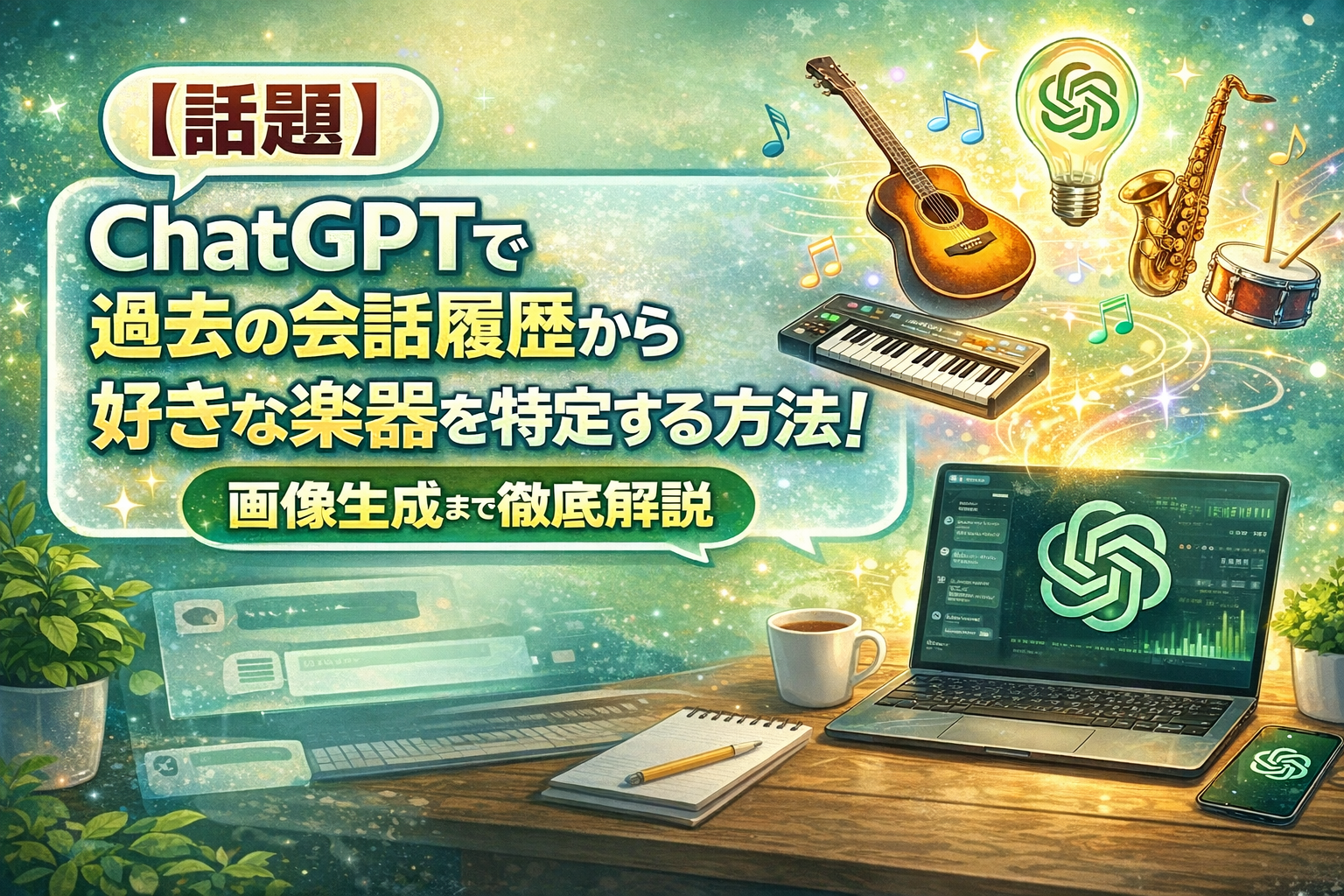 【話題】ChatGPTで過去の会話履歴から好きな楽器を特定する方法！画像生成まで徹底解説