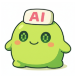 白背景の上に、黄緑色で丸い枝豆のようなマスコットキャラクターが立っている。頭には「AI」と書かれた白いプレートが乗っており、緑のドット模様の目とオレンジ色のほっぺが特徴。