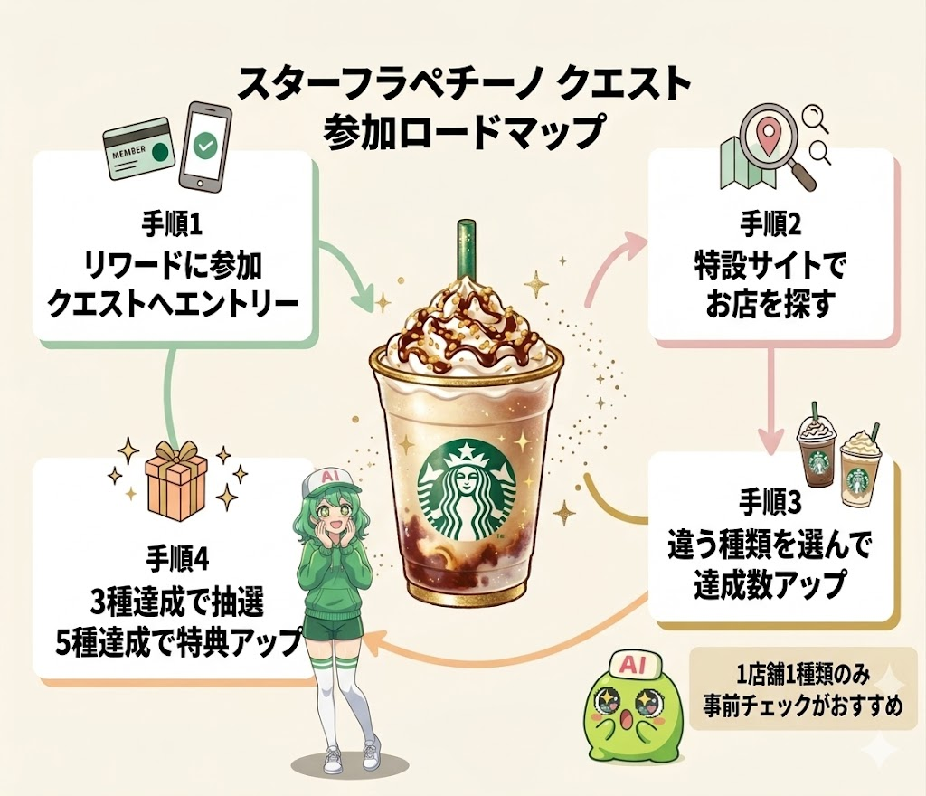 中央のフラペチーノを囲むように、スターフラペチーノ クエストの参加手順を4つのカードでまとめたイラスト風ロードマップ画像。左下に擬人化シンナモ、右下にマスコットのシンナモが配置され、エントリー、店舗探し、達成数アップ、特典獲得までの流れが描かれている