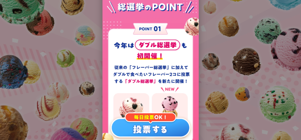 サーティワン総選挙2026の特設サイト画面。「総選挙のPOINT」「POINT 01 今年はダブル総選挙も初開催!」と表示され、中央に説明文、下部に「毎日投票OK!」「投票する」ボタンがある。周囲にはさまざまなアイスクリームのフレーバー画像が散りばめられている。