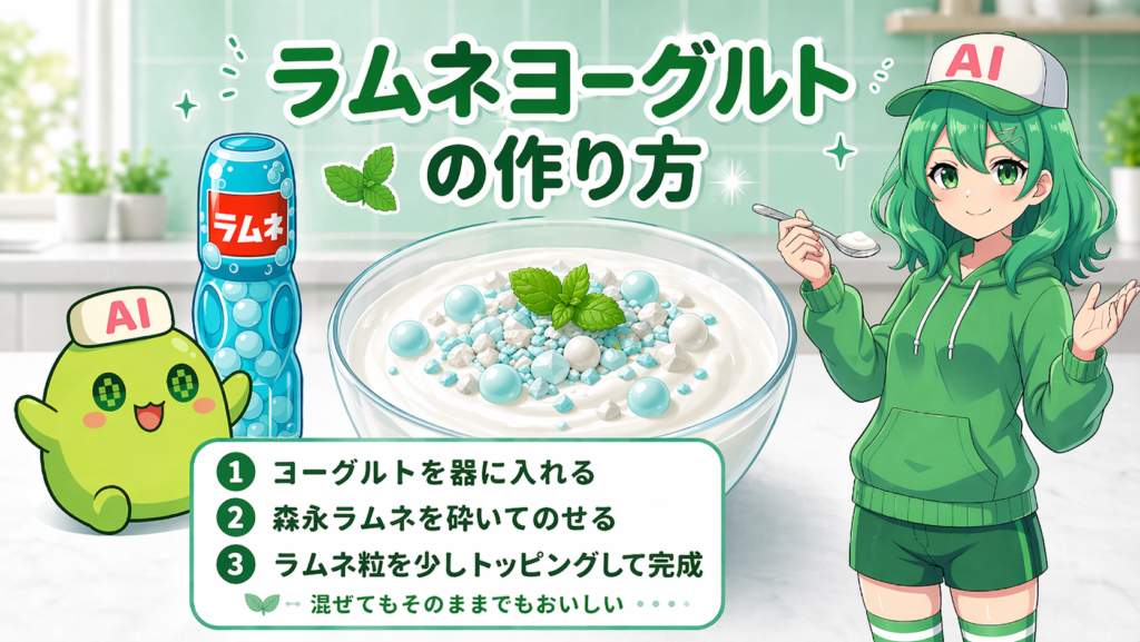 ミントグリーンのキッチン背景に、森永ラムネ風のボトル、ヨーグルトの器、黄緑色のマスコットキャラクター、緑髪の女の子キャラクターが描かれたレシピ画像。「ラムネヨーグルトの作り方」という見出しと、ヨーグルトを器に入れる、ラムネを砕いてのせる、ラムネ粒をトッピングして完成、という3つの手順が日本語で表示されている。