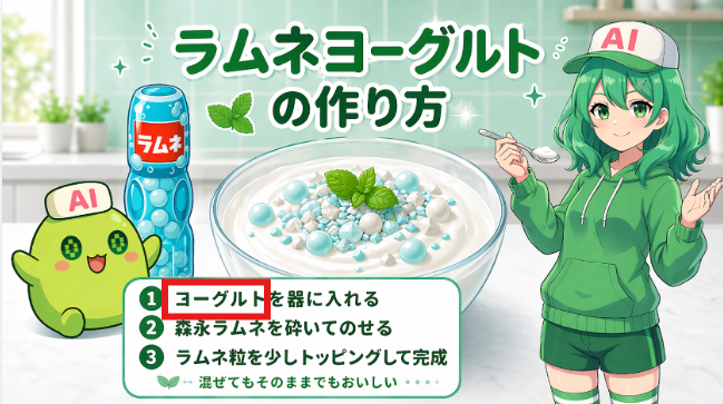 ラムネヨーグルトの作り方を紹介するイラスト画像。中央に青いラムネ粒や砕いたラムネ、ミントがのったヨーグルトの器があり、右側にはスプーンを持った緑髪の女の子キャラクター、左側にはラムネ風ボトルと緑のマスコットが描かれている。上部には「ラムネヨーグルトの作り方」という大きなタイトル、下部には3つの手順が並び、1番の「ヨーグルトを器に入れる」の文字の一部が赤枠で囲われ、字崩れしている箇所が強調されている。