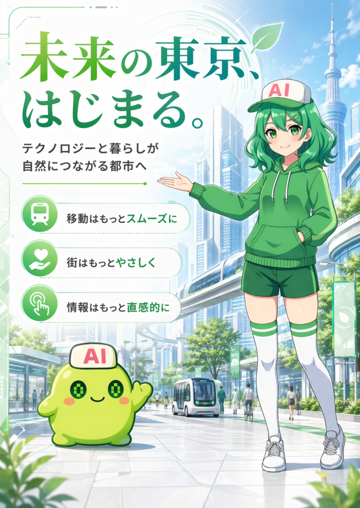 近未来の東京をイメージした縦長ポスター。背景には高層ビルや東京スカイツリー風の塔、次世代モビリティが走る街並みが描かれ、右側に緑髪で白い「AI」帽子をかぶった女の子キャラクター、左下に黄緑色のマスコットキャラクターが立っている。上部には「未来の東京、はじまる。」、その下に「テクノロジーと暮らしが自然につながる都市へ」という日本語テキストが入り、左側には「移動はもっとスムーズに」「街はもっとやさしく」「情報はもっと直感的に」の3項目がアイコン付きで並んでいる。