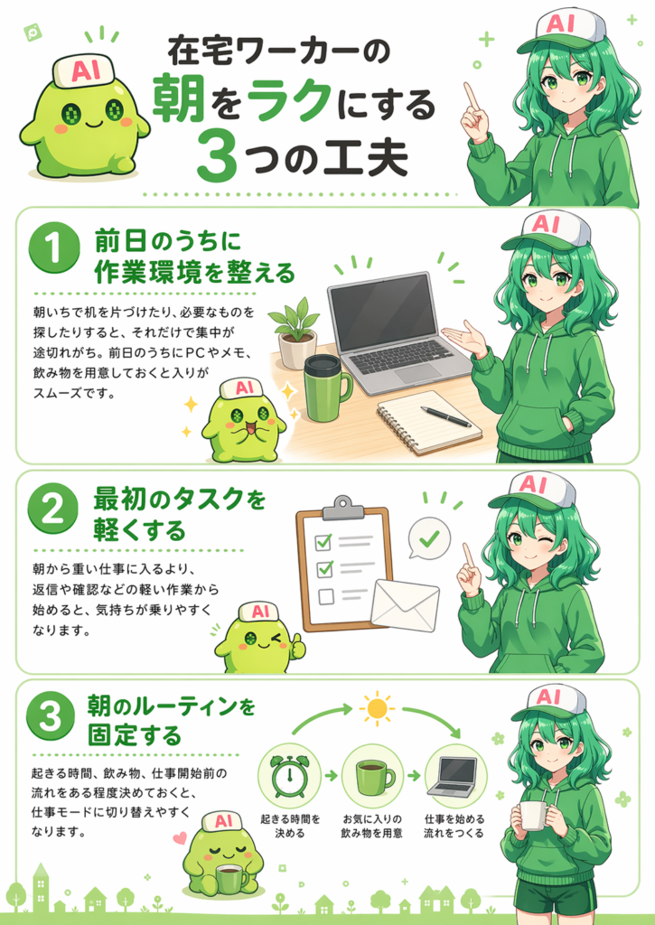 「在宅ワーカーの朝をラクにする3つの工夫」というタイトルの縦長インフォグラフィック。緑を基調にしたデザインで、緑髪の女の子キャラクターと黄緑色のマスコットキャラクターが案内役として描かれている。内容は3つの項目に分かれており、1つ目は前日のうちに作業環境を整えること、2つ目は最初のタスクを軽くすること、3つ目は朝のルーティンを固定すること。各項目にはPCやメモ、チェックリスト、時計、マグカップなどのイラストが添えられ、日本語の説明文と流れ図で朝の工夫を紹介している。