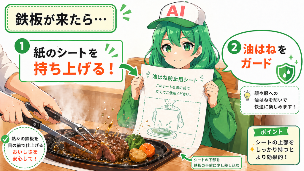 緑髪のキャラクターが席で紙の油はね防止シートを胸の前に持ち、熱々の鉄板ハンバーグから飛ぶ油をガードしている様子を説明した図解イラスト。左では店員が鉄板上のハンバーグをカットしており、シートの端を鉄板の手前に少し差し込んで固定する使い方が、手順付きで紹介されている。