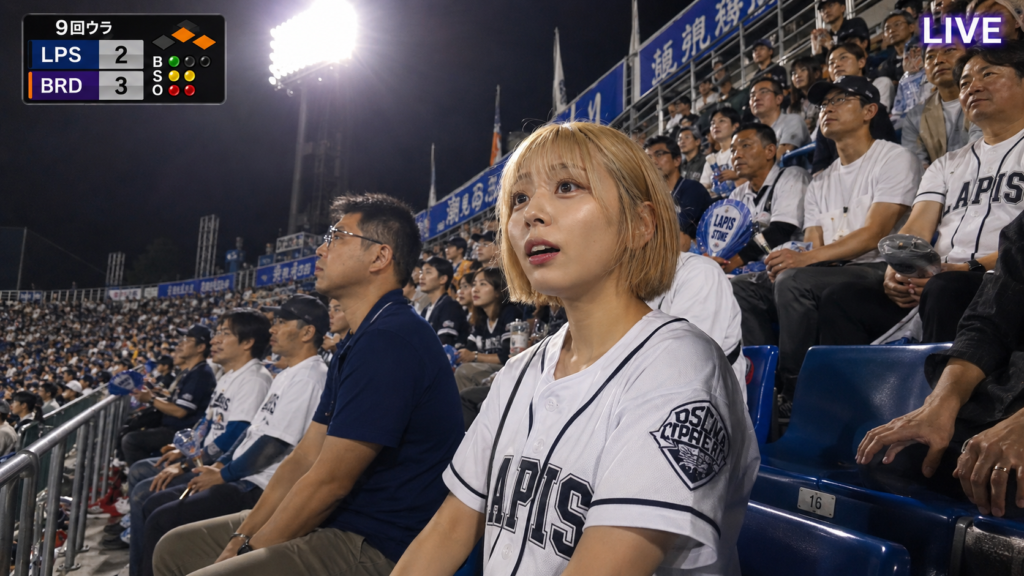 野球場の観客席で、金髪ショートヘアの女性風キャラクターが周囲の観客に囲まれながら座っているAI生成画像。画面左上に架空のスコア表示、右上にLIVE表示がある。