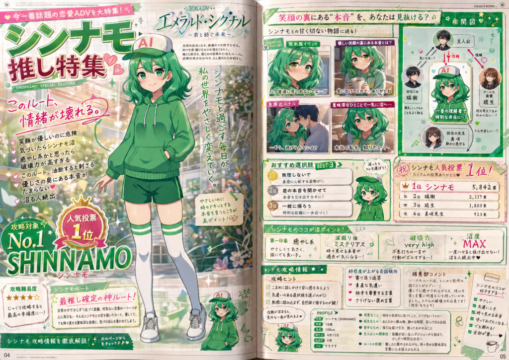 緑の髪、白いAI帽子、緑のパーカーとショートパンツ姿のキャラクター「シンナモ」を中心に、プロフィール、人気投票1位、攻略難易度、相関図、イベントCG、選択肢UIなどを高密度に配置した、架空の恋愛ADVゲーム雑誌風の見開き特集画像。