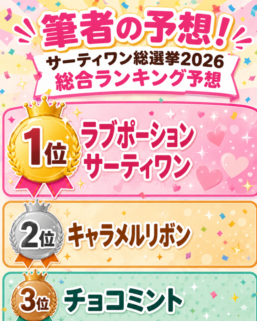 筆者による「サーティワン総選挙2026 総合ランキング予想」のランキング画像。1位はラブポーションサーティワン、2位はキャラメルリボン、3位はチョコミント。各順位に対応したメダルと、フレーバーをイメージしたアイスのイラストが配置された、カラフルで華やかなデザイン。