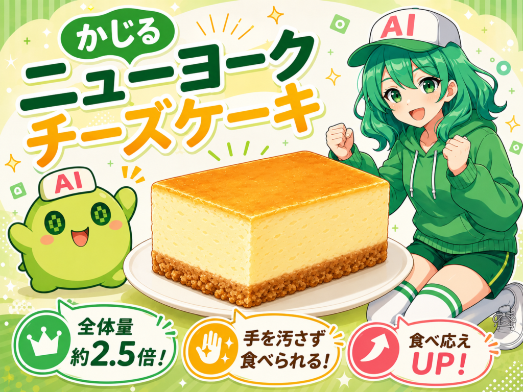 緑色のマスコットキャラクターと、AIロゴ入りキャップをかぶった緑髪の女の子が、中央の大きなイラスト風ニューヨークチーズケーキにテンション高く盛り上がっているPR画像。上部に「かじるニューヨークチーズケーキ」、下部に「全体量約2.5倍!」「手を汚さず食べられる!」「食べ応えUP!」の文字が入った、明るくポップな販促風デザイン。