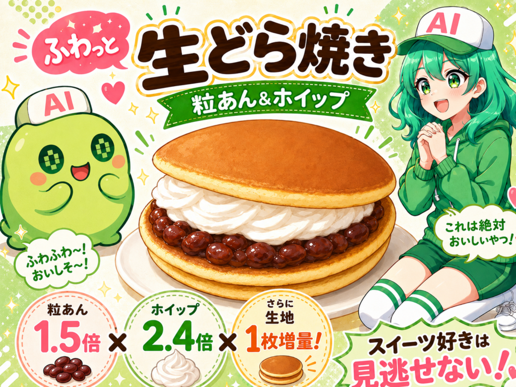 緑色のマスコットキャラクターとAIロゴ入りキャップをかぶった緑髪の女の子が、中央の大きな「ふわっと生どら焼き 粒あん&ホイップ」にテンション高く喜んでいるPR画像。粒あん1.5倍、ホイップ2.4倍、さらに生地1枚増量の内容が丸いアイコンで示され、右下に「スイーツ好きは見逃せない!」の文字が入った明るい販促風デザイン。