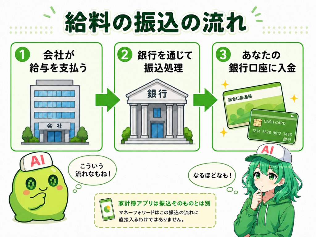「給料の振込の流れ」と題した図解。会社が給与を支払い、銀行を通じて振込処理が行われ、本人の銀行口座に入金される3ステップを示している。下部には、マネーフォワードは振込そのものに直接入るわけではないと説明するキャラクターが配置されている。