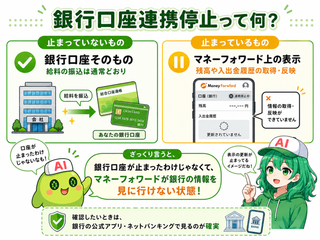 「銀行口座連携停止って何？」というタイトルの図解。左側では、銀行口座そのものや給料の振込は止まっていないことを会社・銀行口座・通帳のイラストで説明している。右側では、止まっているのはマネーフォワード上の残高や入出金履歴の取得・反映であることをスマホ画面で示している。下部には「銀行口座が止まったわけではなく、マネーフォワードが銀行の情報を見に行けない状態」とまとめられている。