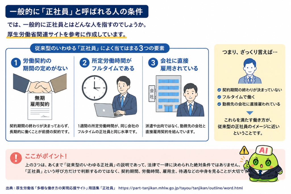 「一般的に『正社員』と呼ばれる人の条件」という見出しの図解。厚生労働省関連サイトを参考に、従来型のいわゆる正社員によく当てはまる3つの要素として、「労働契約の期間の定めがない」「所定労働時間がフルタイムである」「会社に直接雇用されている」を紹介している。下部には、これらは法律で一律に決められた絶対条件ではなく、契約期間、労働時間、雇用主、待遇などの中身を見ることが大切だと説明している。