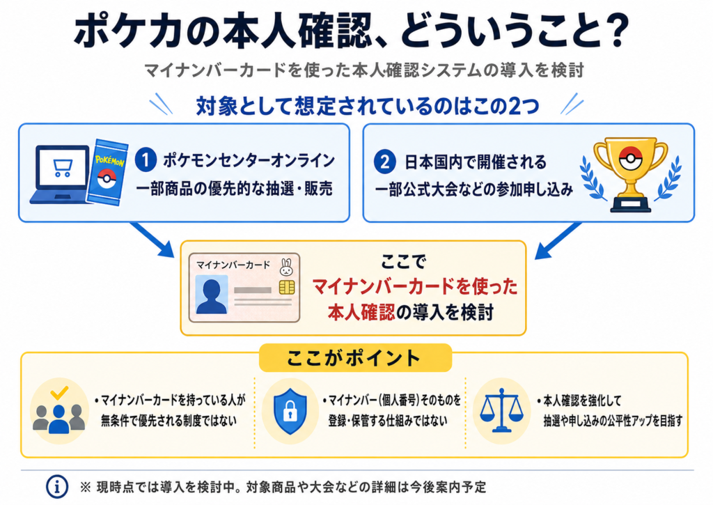 「ポケカの本人確認、どういうこと?」というタイトルの図解。ポケモンセンターオンラインの一部商品の優先的な抽選・販売と、日本国内で開催される一部公式大会などの参加申し込みの2つで、マイナンバーカードを使った本人確認システムの導入が検討されていることを説明している。あわせて、マイナンバーカードを持っている人が無条件で優先される制度ではないこと、マイナンバーそのものを登録・保管する仕組みではないこと、本人確認を強化して抽選や申し込みの公平性向上を目指すことが示されている。