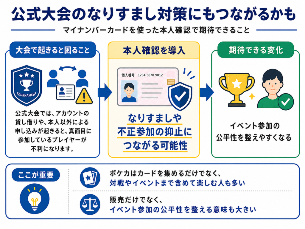 「公式大会のなりすまし対策にもつながるかも」というタイトルの図解。公式大会では、アカウントの貸し借りや本人以外による申し込みが起きると、真面目に参加しているプレイヤーが不利になることを示し、本人確認導入によってなりすましや不正参加の抑止につながる可能性を説明している。イベント参加の公平性を整えやすくなることや、ポケカはカードを集めるだけでなく対戦やイベントまで含めて楽しむ人も多いため、販売だけでなくイベント参加の公平性を整える意味も大きいことが示されている。