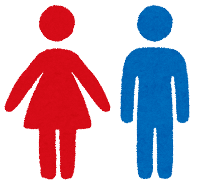 赤い女性マークと青い男性マークが並んだ、男女トイレを示すピクトグラムのイラスト。