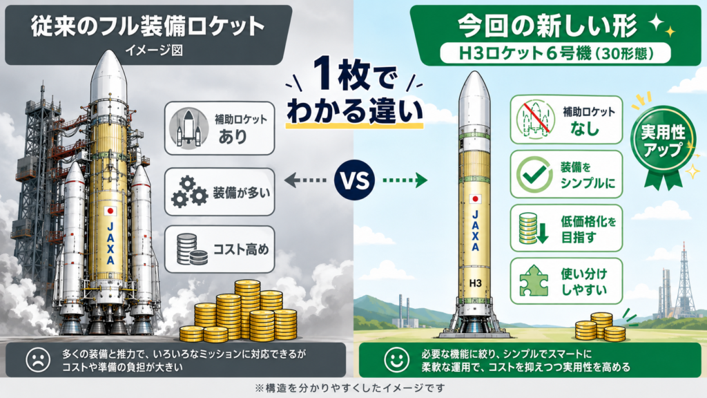従来のフル装備ロケットと、今回の新しい形であるH3ロケット6号機30形態を比較した図。左は補助ロケットあり、装備が多い、コスト高めと説明。右は補助ロケットなし、装備をシンプルに、低価格化を目指す、使い分けしやすいと説明されている。
