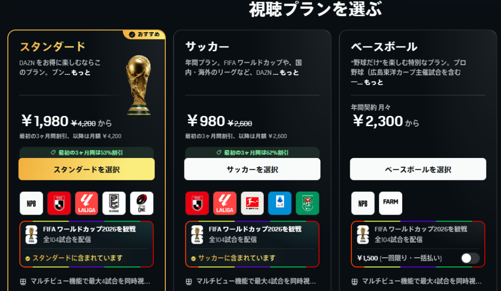 DAZNの「視聴プランを選ぶ」画面。スタンダードは月1,980円、サッカーは月980円、ベースボールは月2,300円からと表示され、FIFAワールドカップ2026の視聴可否や各プランの内容が並んでいる。