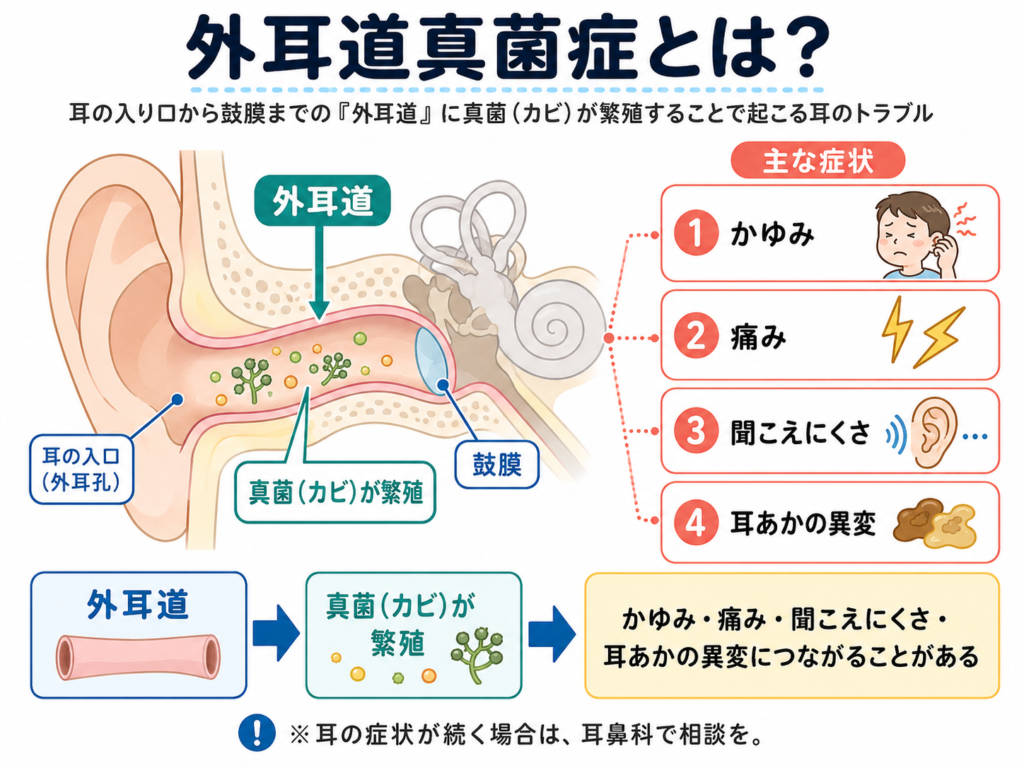 白背景の医療系図解。左側に耳の断面図があり、耳の入り口から鼓膜までの外耳道に真菌（カビ）が繁殖している様子を示している。右側には主な症状として「かゆみ」「痛み」「聞こえにくさ」「耳あかの異変」が並ぶ。下部には、外耳道に真菌が繁殖することで、これらの症状につながることがあるという流れが矢印付きでまとめられている。