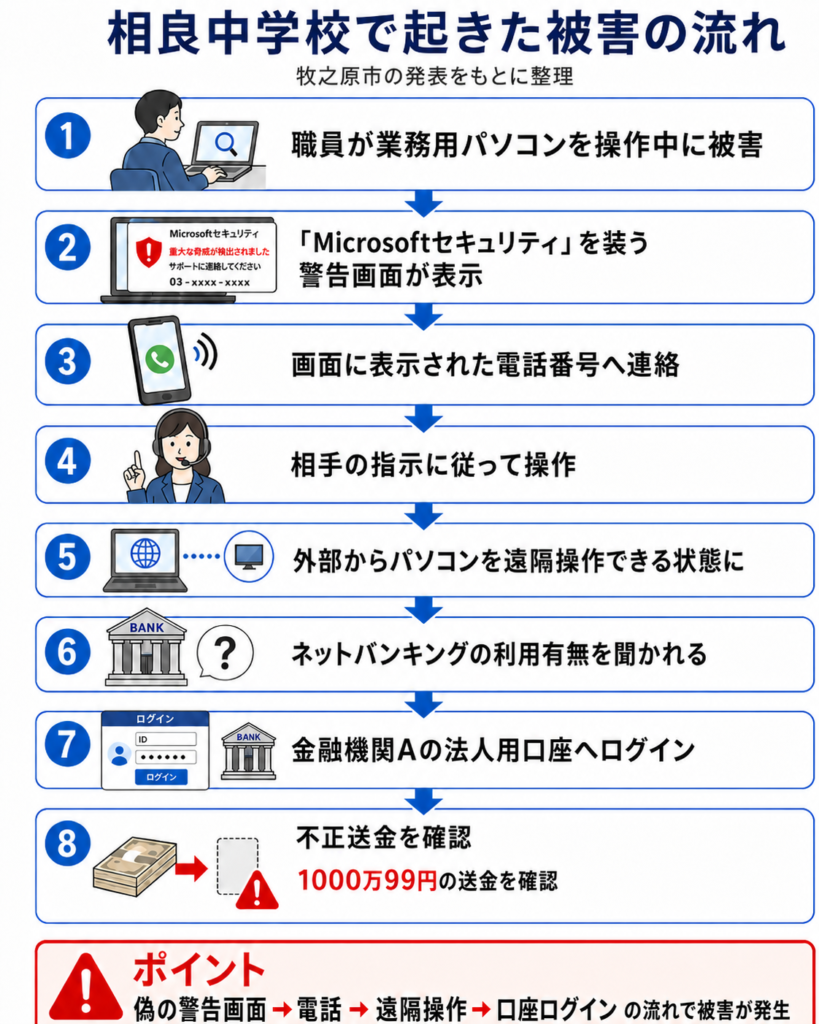 相良中学校で起きた被害の流れをまとめた図解。職員が業務用パソコンを操作中に被害に遭い、偽の「Microsoftセキュリティ」警告画面が表示。画面に出た電話番号へ連絡し、相手の指示で操作した結果、外部から遠隔操作できる状態になった。さらにネットバンキングの利用有無を聞かれ、金融機関Aの法人用口座へログインし、最終的に1000万99円の不正送金が確認された。ポイントとして「偽の警告画面→電話→遠隔操作→口座ログイン」の流れで被害が発生したことを示している。
