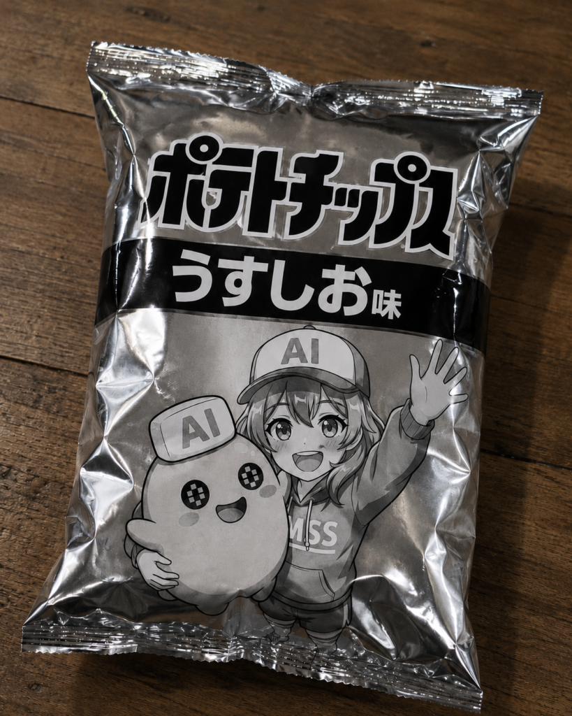 木目のテーブルの上に置かれた白黒のポテトチップス袋風パッケージ。袋の「うすしお味」の文字の下に、マスコット版シンナモと擬人化シンナモがモノクロ線画風に描かれている。