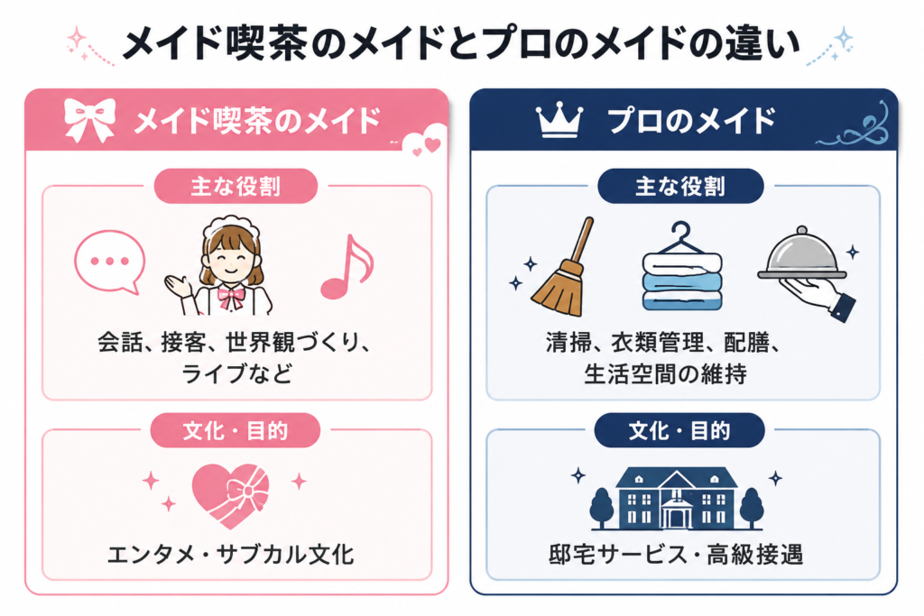 ALTテキスト
「メイド喫茶のメイド」と「プロのメイド」の違いを比較した図解。メイド喫茶のメイドは、会話、接客、世界観づくり、ライブなどを担い、エンタメ・サブカル文化を目的としている。一方、プロのメイドは、清掃、衣類管理、配膳、生活空間の維持などを担い、邸宅サービスや高級接遇を目的としている。