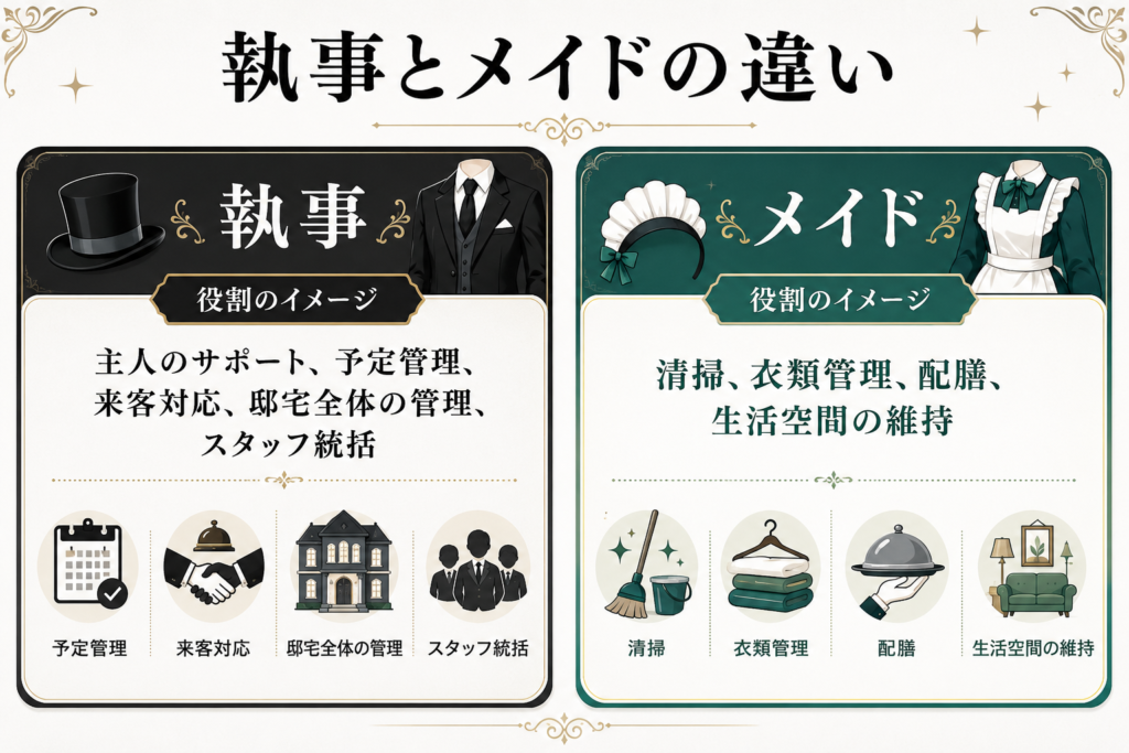 「執事」と「メイド」の違いを比較した図解。執事は、主人のサポート、予定管理、来客対応、邸宅全体の管理、スタッフ統括などを担う役割として紹介されている。一方、メイドは、清掃、衣類管理、配膳、生活空間の維持などを担う役割として紹介されている。