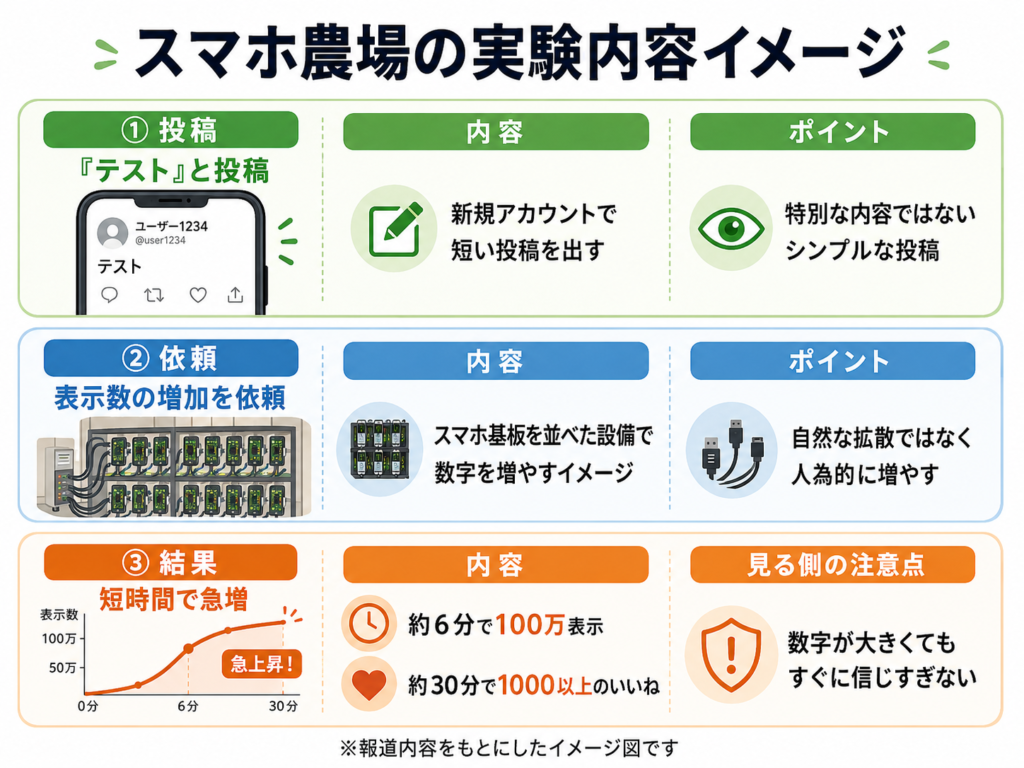 「スマホ農場の実験内容イメージ」というタイトルの図解。3段構成で、1段目は緑色で「①投稿」。「『テスト』と投稿」と書かれ、スマホ画面のイラストとともに、新規アカウントで短い投稿を出したこと、特別な内容ではないシンプルな投稿であることを説明。2段目は青色で「②依頼」。「表示数の増加を依頼」とあり、スマホ基板を並べた設備のイラストとともに、設備を使って数字を増やすイメージ、自然な拡散ではなく人為的に増やす点を説明。3段目はオレンジ色で「③結果」。「短時間で急増」とあり、右肩上がりのグラフとともに、約6分で100万表示、約30分で1000以上のいいねに増えたことを示している。最後に「数字が大きくてもすぐに信じすぎない」と注意喚起し、下部に「※報道内容をもとにしたイメージ図です」とある。