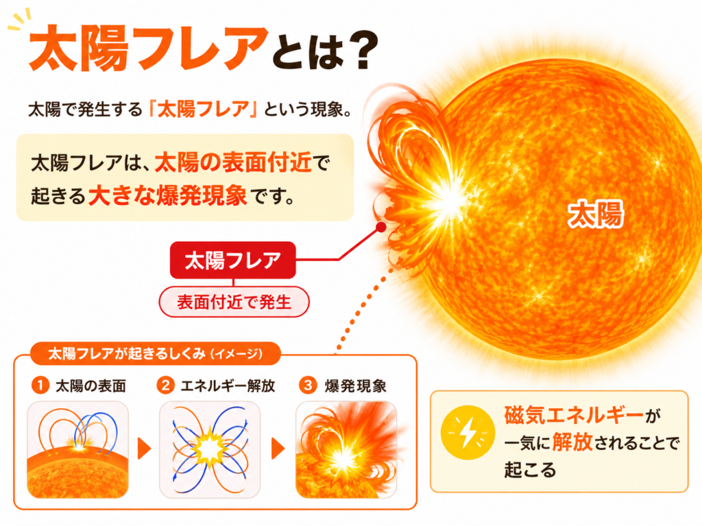 太陽の表面付近で発生する太陽フレアを説明した図解。右側に大きな太陽と爆発するフレアが描かれ、左側には「太陽フレアとは?」という見出しと、太陽の表面、エネルギー解放、爆発現象の流れが3ステップで示されている。