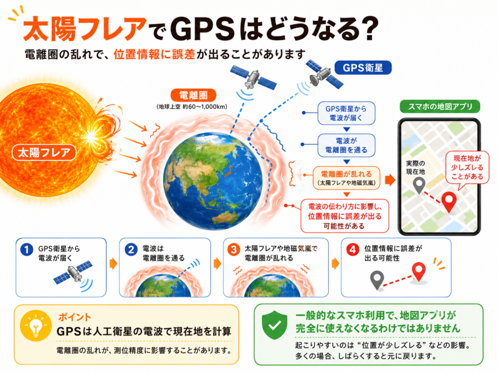 太陽フレアが発生し、地球周辺の電離圏が乱れることで、GPS衛星からスマートフォンへ届く電波に影響し、地図アプリの現在地が少しズレる可能性を説明した図解。GPS衛星、電離圏、スマホの地図アプリ、位置情報の誤差がイラストで示されている。