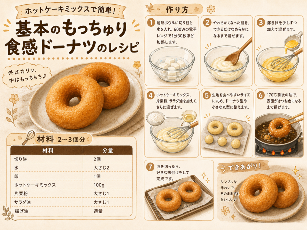 ベージュ系のやさしい手描き風デザインでまとめられた、基本のもっちゅり食感ドーナツのレシピ画像。左側に「ホットケーキミックスで簡単! 基本のもっちゅり食感ドーナツのレシピ」という大きなタイトルと、皿にのった2個のドーナツの完成イメージ写真がある。吹き出しには「外はカリッ、中はもっちもち♪」と書かれている。左下には材料表があり、2〜3個分として、切り餅2個、水大さじ2、卵1個、ホットケーキミックス100g、片栗粉大さじ1、サラダ油大さじ1、揚げ油適量が記載されている。右側には作り方が7コマで並び、1. 切り餅と水を耐熱ボウルに入れて電子レンジで加熱、2. やわらかくなった餅をなめらかになるまで混ぜる、3. 溶き卵を少しずつ加えて混ぜる、4. ホットケーキミックス・片栗粉・サラダ油を加えてさらに混ぜる、5. 生地をドーナツ型や丸型に整える、6. 170℃前後の油で揚げる、7. 油を切って好みの味付けで完成、という流れがイラスト付きで説明されている。右下には「できあがり!」の見出しと、仕上がったドーナツの写真が配置されている。