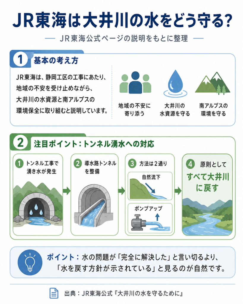 JR東海が大井川の水を守るために示している考え方をまとめた図解。地域の不安に配慮しながら、大井川の水資源と南アルプスの環境保全に取り組む方針や、トンネル工事で発生した湧水を導水路トンネルや自然流下、ポンプアップによって原則として大井川に戻す流れを説明している。