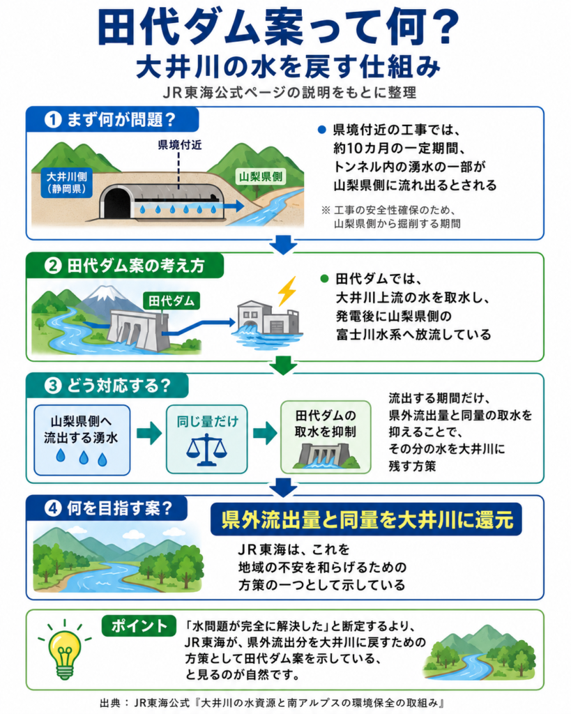 田代ダム案について説明した図解。リニア静岡工区の県境付近の工事で、一部のトンネル湧水が山梨県側へ流出する期間があることを示し、その対応として田代ダムの発電用取水を県外流出量と同じ量だけ抑制し、大井川に水を残す考え方を説明している。