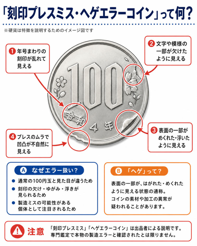 「刻印プレスミス・ヘゲエラーコイン」とは何かを解説する図解。中央に令和4年の100円玉をイメージしたデザインがあり、年号まわりの刻印の乱れ、文字や模様の欠け、表面のめくれや浮き、プレスのムラによる不自然な凹凸を赤い丸と矢印で示している。下部では「なぜエラー扱いされるのか」「ヘゲとは何か」を説明し、最後に出品者による説明であり、専門鑑定で本物の製造エラーと確認されたとは限らないという注意書きがある。
