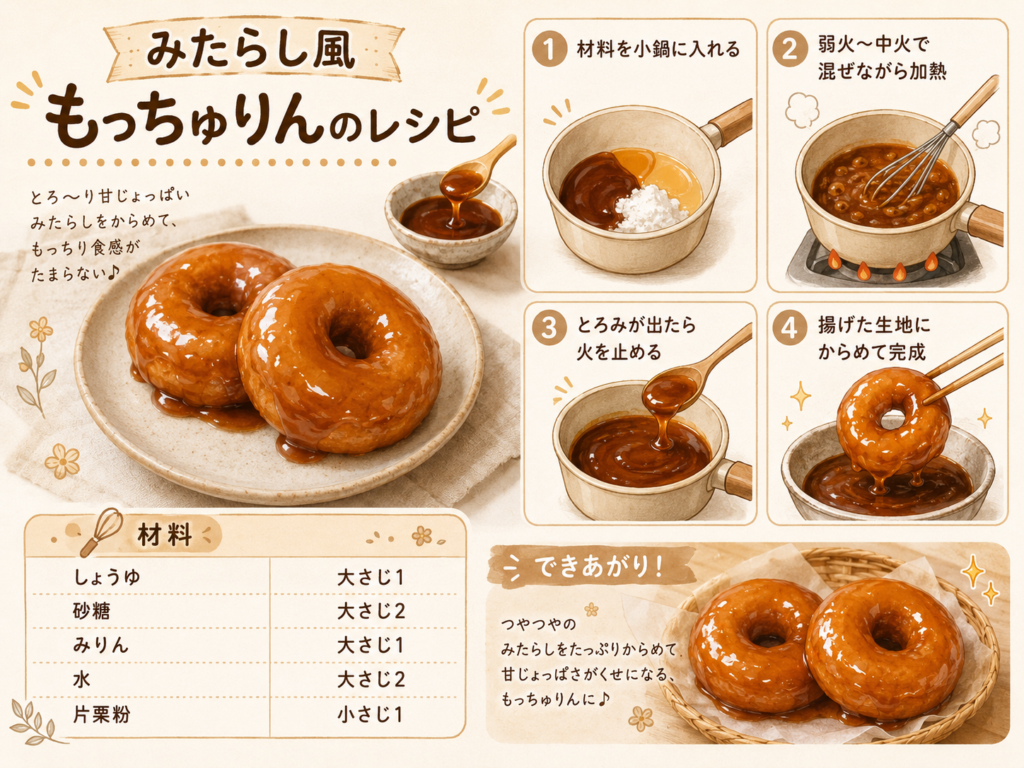 みたらし風もっちゅりんのレシピを紹介する、ベージュとブラウンを基調にした手描き風のレシピ画像。左側に「みたらし風もっちゅりんのレシピ」という大きなタイトルがあり、つやのあるみたらしだれがかかったドーナツ2個の写真が大きく配置されている。説明文には「とろ〜り甘じょっぱいみたらしをからめて、もっちり食感がたまらない♪」と書かれている。左下の材料欄には、しょうゆ大さじ1、砂糖大さじ2、みりん大さじ1、水大さじ2、片栗粉小さじ1と記載。右側には4つの手順があり、1. 材料を小鍋に入れる、2. 弱火〜中火で混ぜながら加熱、3. とろみが出たら火を止める、4. 揚げた生地にからめて完成、という流れが鍋やたれのイラスト付きで説明されている。右下には「できあがり!」の見出しと、完成したみたらし風ドーナツの写真がある。