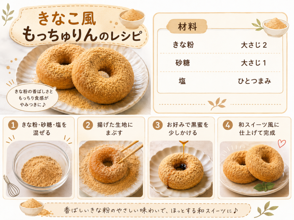 きなこ風もっちゅりんのレシピを紹介するベージュ系の手描き風レシピ画像。左上に「きなこ風もっちゅりんのレシピ」というタイトルがあり、皿にのったきな粉がまぶされたドーナツ2個の写真が大きく配置されている。吹き出しには「きな粉の香ばしさともっちり食感がやみつきに♪」と書かれている。右上には材料欄があり、きな粉大さじ2、砂糖大さじ1、塩ひとつまみと記載。下部には4つの手順が並び、1. きな粉・砂糖・塩を混ぜる、2. 揚げた生地にまぶす、3. お好みで黒蜜を少しかける、4. 和スイーツ風に仕上げて完成、という流れが写真付きで説明されている。下部には「香ばしいきな粉のやさしい味わいで、ほっとする和スイーツに♪」という補足文がある。