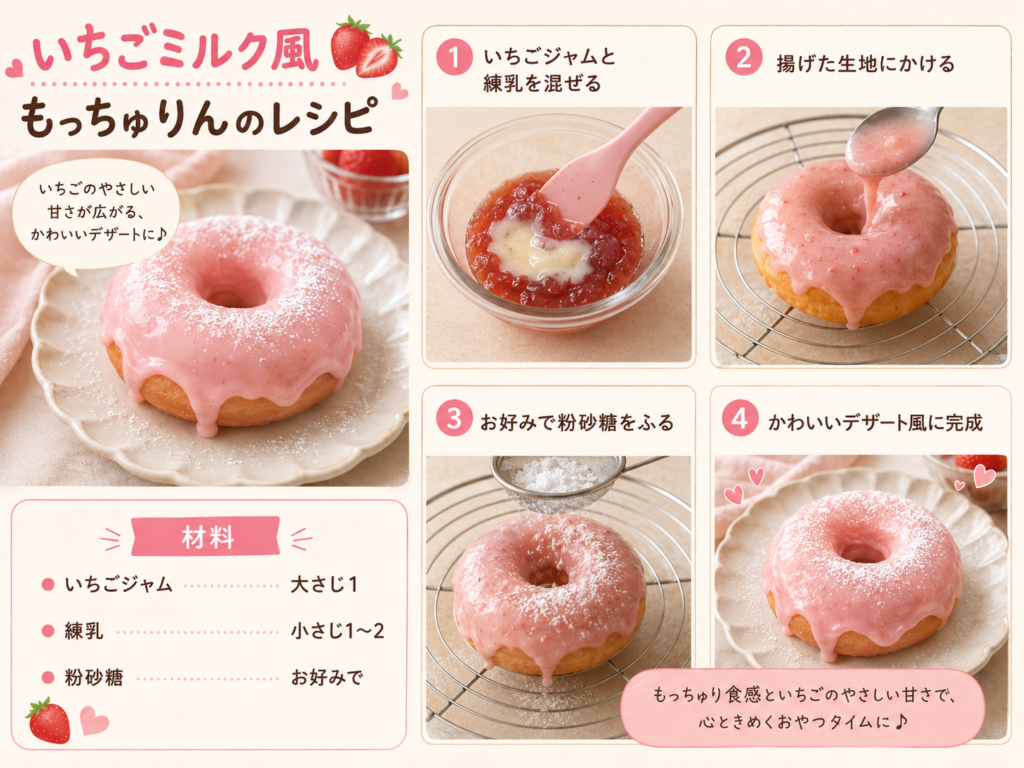いちごミルク風もっちゅりんのレシピを紹介する、ピンクとクリーム色を基調にしたかわいいレシピ画像。左上に「いちごミルク風もっちゅりんのレシピ」というタイトルがあり、ピンク色のいちごミルク風ソースがかかったドーナツの写真が大きく配置されている。吹き出しには「いちごのやさしい甘さが広がる、かわいいデザートに♪」と書かれている。左下の材料欄には、いちごジャム大さじ1、練乳小さじ1〜2、粉砂糖お好みでと記載。右側には4つの手順があり、1. いちごジャムと練乳を混ぜる、2. 揚げた生地にかける、3. お好みで粉砂糖をふる、4. かわいいデザート風に完成、という流れが写真付きで説明されている。下部には「もっちゅり食感といちごのやさしい甘さで、心ときめくおやつタイムに♪」という補足文がある。
