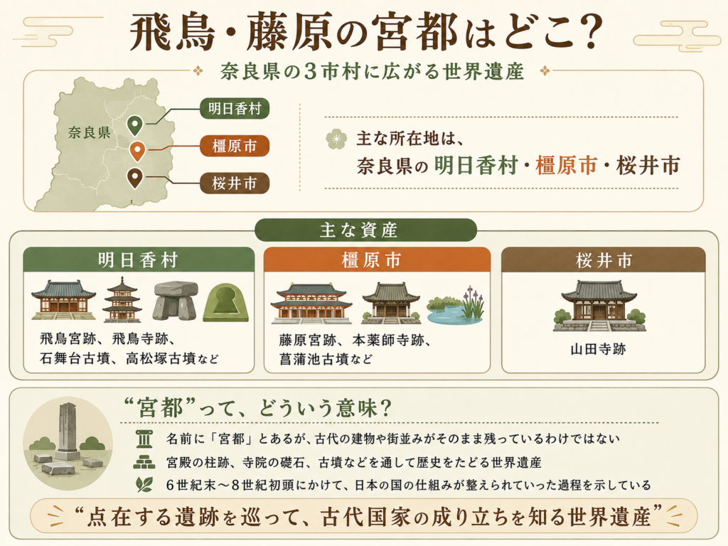 奈良県の地図と明日香村・橿原市・桜井市の位置、各地域の主な資産、飛鳥・藤原の宮都が古代国家の成り立ちを示す世界遺産であることをまとめた図解。