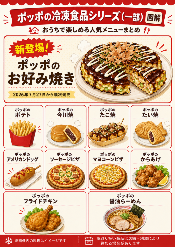 「ポッポの冷凍食品シリーズ 図解」と題した赤とクリーム色のインフォグラフィック。上部に「新登場！ポッポのお好み焼き 2026年7月27日から順次発売」とあり、大きなお好み焼きのイメージ図を掲載。下部には、ポッポのポテト、今川焼、たこ焼、たい焼、アメリカンドッグ、ソーセージピザ、マヨコーンピザ、からあげ、フライドチキン、醤油らーめんのイメージ図と商品名が並んでいる。