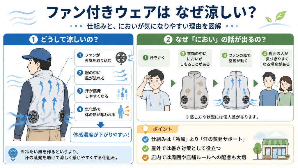 ファン付きウェアの仕組みを説明する図解。左側では、ファンが外気を取り込み、服の中に風が流れ、汗が蒸発しやすくなり、気化熱で体の熱が奪われて涼しく感じやすくなる流れを示している。右側では、汗をかく→衣類の中ににおいがこもることがある→ファンの風で空気が動く→周囲の人が気づきやすくなる場合がある、という流れを説明。下部には、仕組みは冷風ではなく汗の蒸発サポートであること、屋外では暑さ対策に役立つこと、店内では周囲や店舗ルールへの配慮も大切だというポイントがまとめられている。