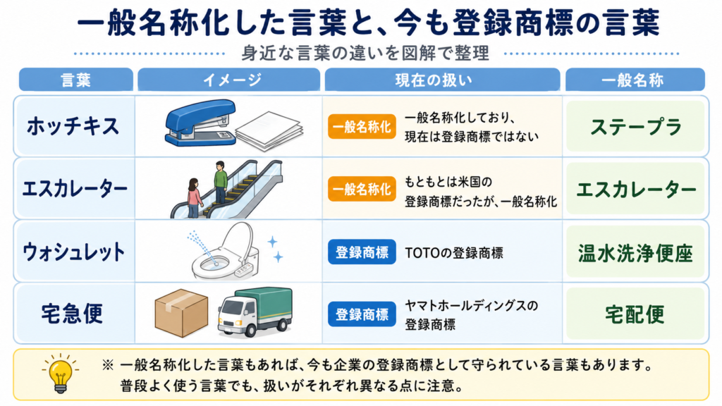 一般名称化した言葉と、今も登録商標の言葉を比較した図解。4列の表で、「言葉」「イメージ」「現在の扱い」「一般名称」を整理している。ホッチキスはステープラのイメージ付きで、一般名称化しており現在は登録商標ではない。エスカレーターは乗っている人のイラスト付きで、もともとは米国の登録商標だったが一般名称化したと説明。ウォシュレットは温水洗浄便座のイメージ付きで、TOTOの登録商標、一般名称は温水洗浄便座。宅急便は段ボール箱と配達トラックのイメージ付きで、ヤマトホールディングスの登録商標、一般名称は宅配便。下部には、一般名称化した言葉もあれば今も企業の登録商標として守られている言葉もあり、普段よく使う言葉でも扱いが異なる点に注意と書かれている。