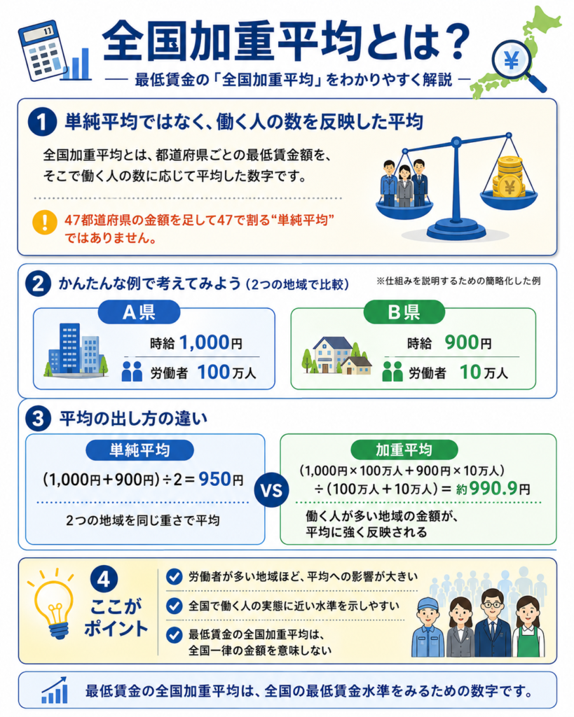「全国加重平均とは?」という見出しの図解。最低賃金の全国加重平均について、①単純平均ではなく働く人の数を反映した平均であること、②A県は時給1000円・労働者100万人、B県は時給900円・労働者10万人という簡略例、③単純平均は950円、加重平均は約990.9円になること、④労働者が多い地域ほど平均への影響が大きく、全国一律の金額を意味しないこと――を説明している。