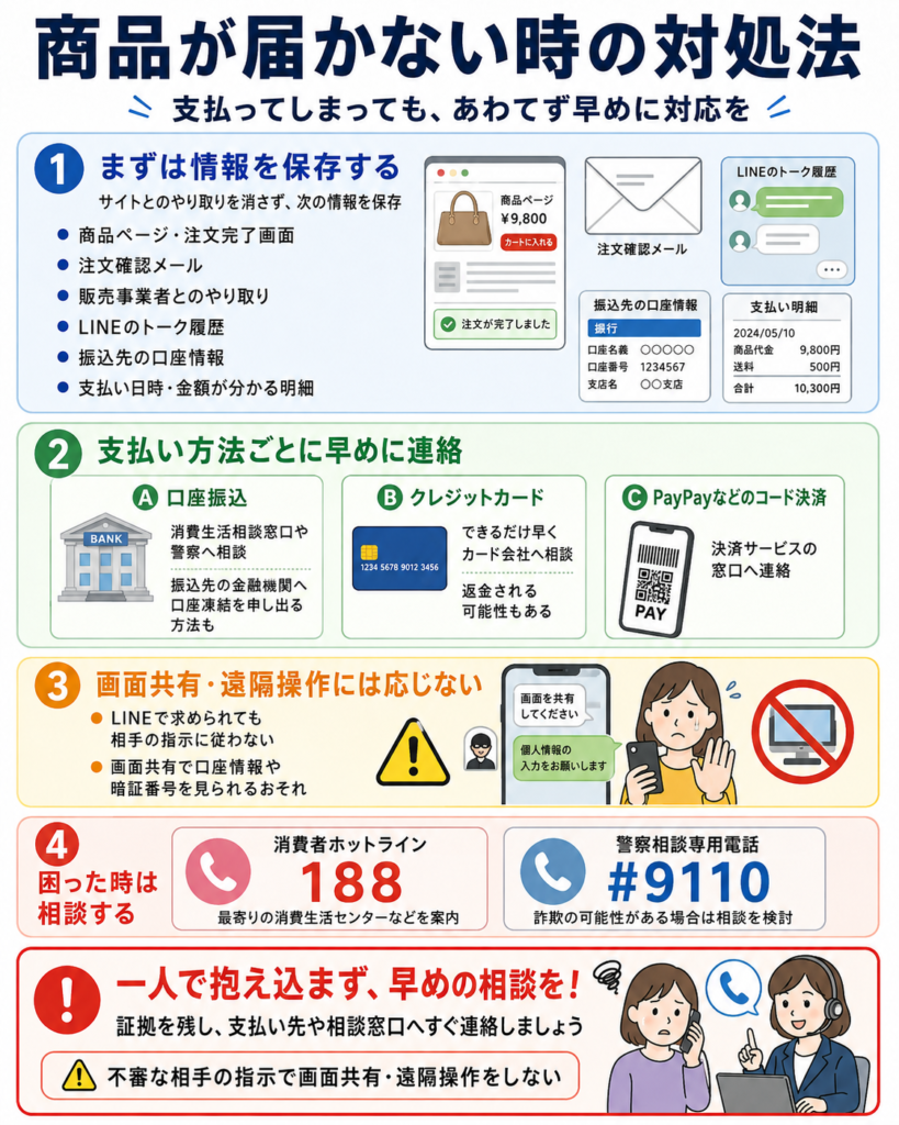 商品が届かない時の対処法を説明する図解。タイトルは「商品が届かない時の対処法」、副題は「支払ってしまっても、あわてず早めに対応を」。内容は4項目で、1. まずは情報を保存する。商品ページ・注文完了画面、注文確認メール、販売事業者とのやり取り、LINEのトーク履歴、振込先の口座情報、支払い日時や金額が分かる明細を保存する。2. 支払い方法ごとに早めに連絡する。口座振込は消費生活相談窓口や警察へ相談し、振込先の金融機関へ口座凍結を申し出る方法もある。クレジットカードはできるだけ早くカード会社へ相談する。PayPayなどのコード決済は決済サービスの窓口へ連絡する。3. 画面共有・遠隔操作には応じない。LINEで求められても相手の指示に従わず、画面共有で口座情報や暗証番号を見られるおそれがあると注意している。4. 困った時は相談する。消費者ホットライン「188」と警察相談専用電話「#9110」を案内。下部には「一人で抱え込まず、早めの相談を!」とあり、不審な相手の指示で画面共有や遠隔操作をしないよう呼びかけている。