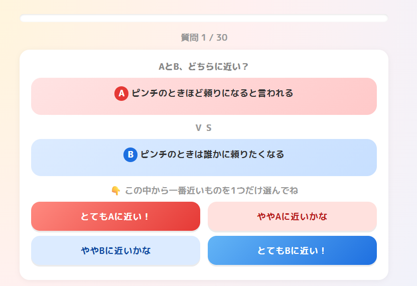 ポケモン性格診断の質問画面。ピンチのときの行動についてAとBを4段階で選択する