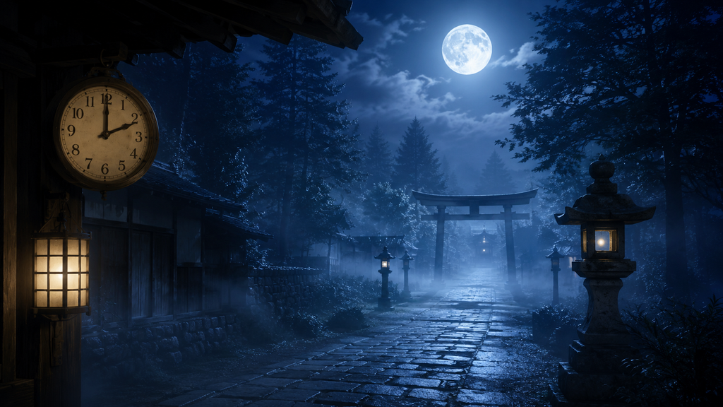 午前2時を示す時計と月夜の神社を描いた丑三つ時のイメージ画像