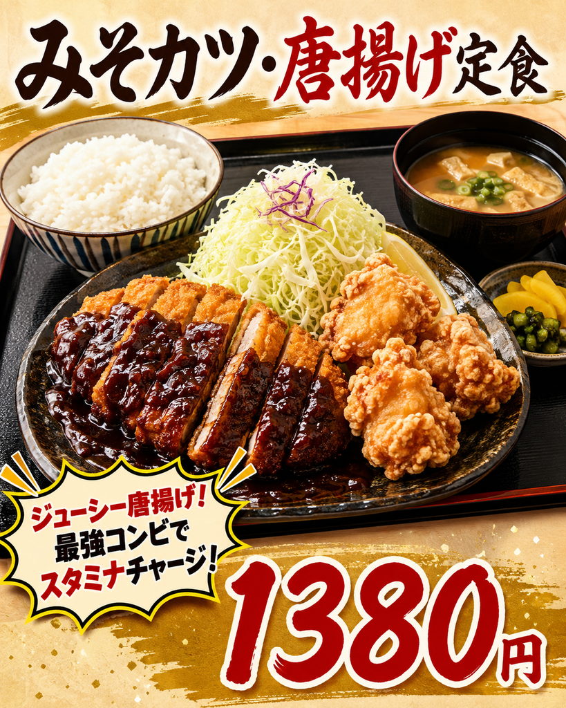 みそカツと唐揚げ、ご飯、味噌汁、千切りキャベツ、漬物が並ぶ「みそカツ・唐揚げ定食」1,380円のメニュー画像。「ジューシー唐揚げ!最強コンビでスタミナチャージ!」のPOP入り。