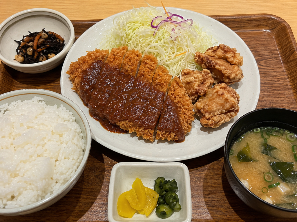 ChatGPTで生成した、みそカツと唐揚げ、ご飯、味噌汁、小鉢、漬物が並ぶ定食のAI画像