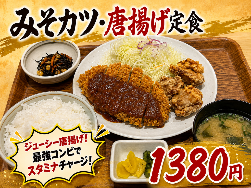 みそカツと唐揚げ、ご飯、味噌汁、小鉢、漬物が並ぶ定食写真に「みそカツ・唐揚げ定食」「1380円」などの文字を加えたAI生成メニュー画像