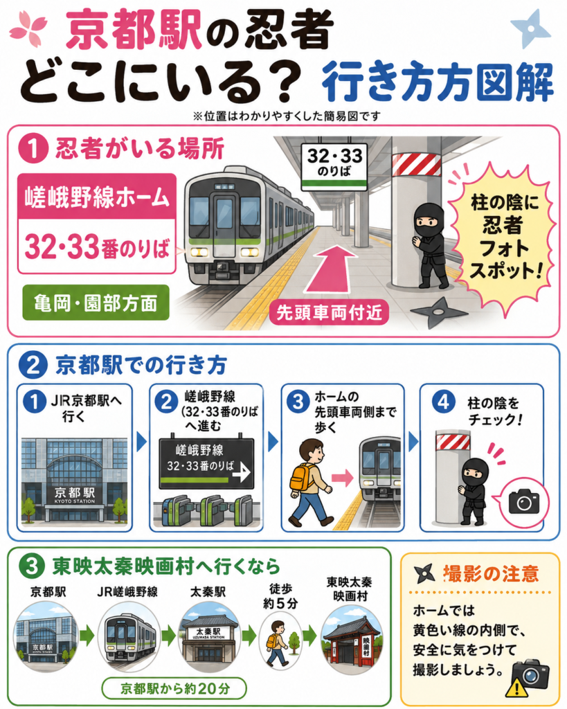 京都駅の忍者フォトスポットの場所と行き方を説明した図解。嵯峨野線ホーム32・33番のりば、亀岡・園部方面の先頭車両付近にあり、柱の陰に忍者人形がいることをイラストで示している。あわせて、京都駅から嵯峨野線で太秦駅へ向かい、徒歩約5分で東映太秦映画村に行ける流れも紹介している。