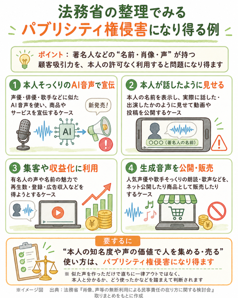 法務省の整理をもとに、パブリシティ権侵害になり得る例を示した図解。本人そっくりのAI音声での宣伝、本人が話したように見せる投稿、著名人の声や名前を使った集客・収益化、生成音声の公開・販売の4例を紹介している。
